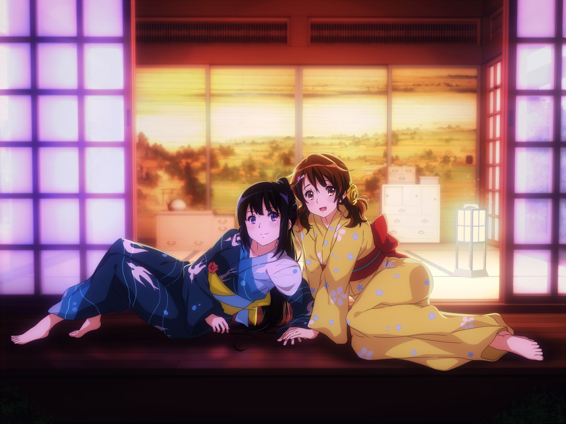 HD anime desktop wallpaper featuring Reina Kousaka and Kumiko Oumae from Sound! Euphonium, sitting together in a traditional room with warm sunset lighting.