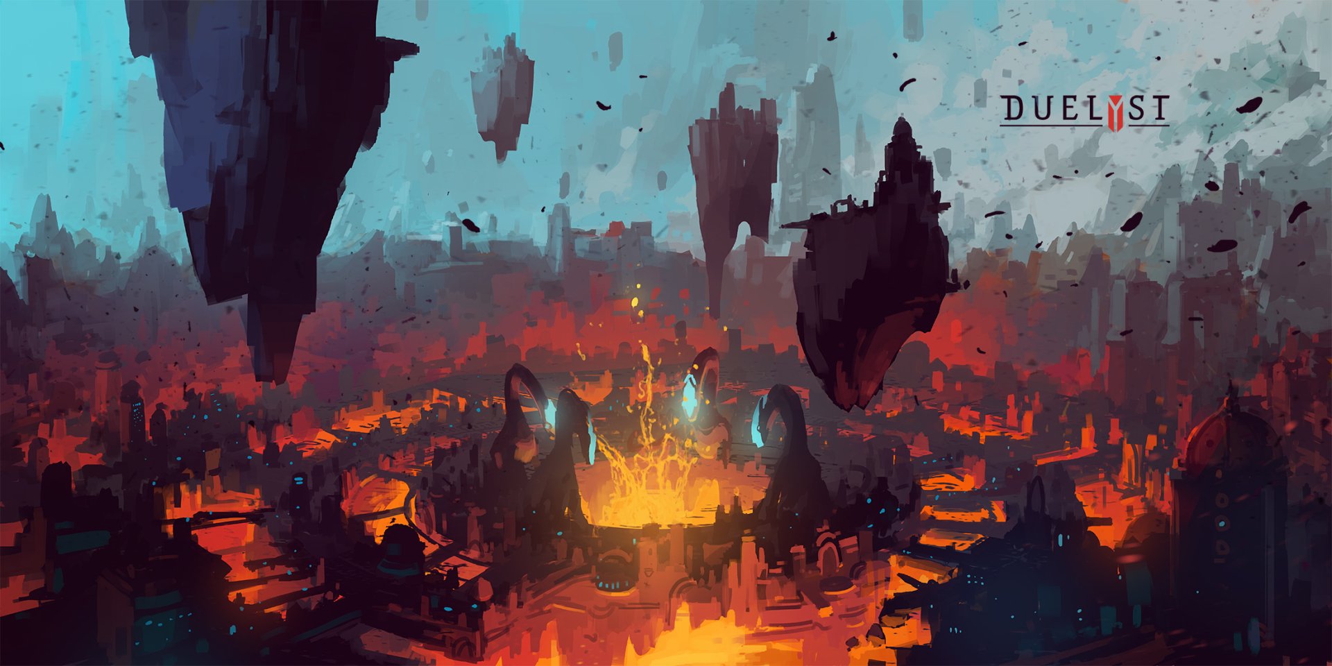 HD PC desktop wallpaper featuring a fiery, floating landscape from the video game Duelyst with dramatic volcanic terrain and glowing lava.