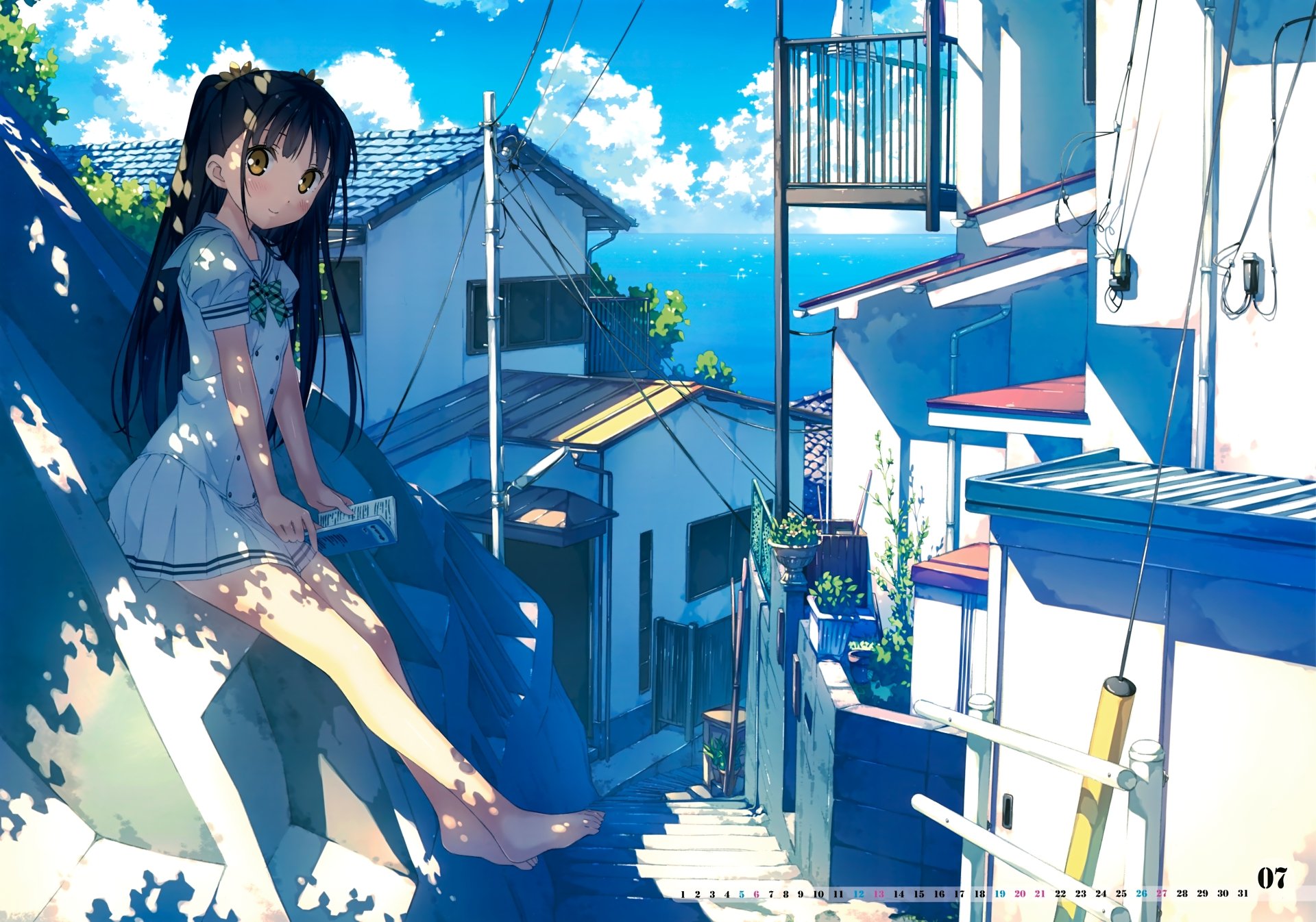 A serene HD wallpaper featuring an anime girl in a school uniform sitting on steps, surrounded by a picturesque setting of bright blue skies and quaint buildings.
