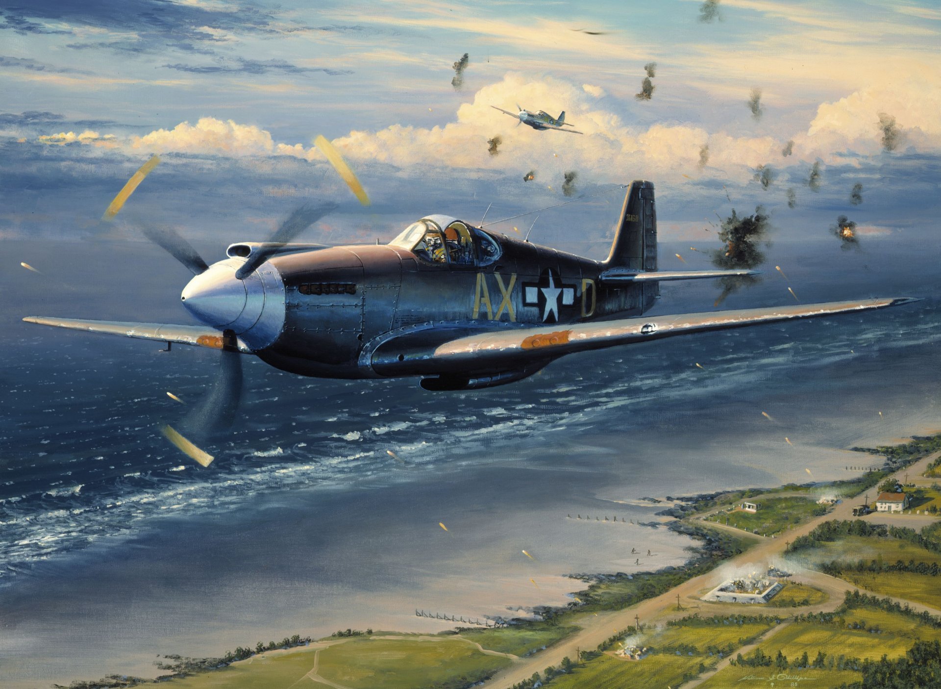 HD wallpaper of a World War II military aircraft in flight over the coast, with another plane and explosions visible in the background.