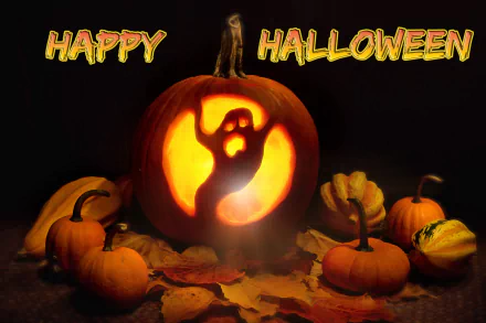 A glowing jack-o'-lantern with a ghost carving surrounded by pumpkins and autumn leaves, with Happy Halloween text, in a 4K Ultra HD Halloween-themed desktop wallpaper.