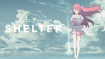 HD desktop wallpaper featuring Rin from the anime Shelter, set against a backdrop of clouds and blue sky. Text reads Porter Robinson & Madeon - Shelter.
