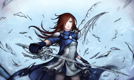 HD anime-style original artwork of a female warrior with flowing hair and a sword, set against a dynamic, feather-filled background for a PC desktop wallpaper.