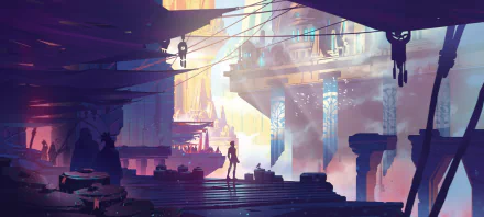 HD PC desktop wallpaper featuring a vibrant, futuristic cityscape from the video game Duelyst, showcasing intricate architecture and a lone silhouetted figure.
