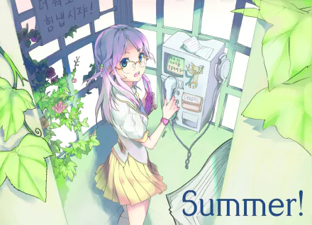 A vibrant anime illustration featuring a girl with purple hair and glasses, standing by a phone booth surrounded by greenery, with Summer! text in the corner. HD PC desktop wallpaper.