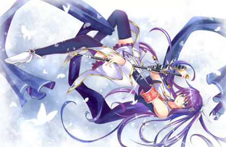 HD anime wallpaper featuring a dynamic Medaka Box character with long purple hair and flowing ribbons against a soft, light-filled background with butterflies.