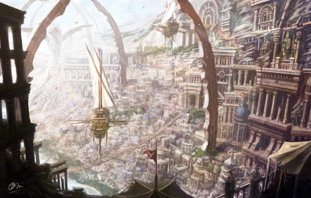 HD anime cityscape wallpaper featuring intricate architecture, airships, and towering structures set against a mountainous backdrop.