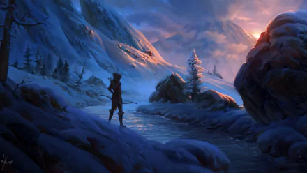 A woman warrior stands poised with a bow in a serene winter landscape, surrounded by snow-covered mountains and a tranquil stream, embodying fantasy and strength.