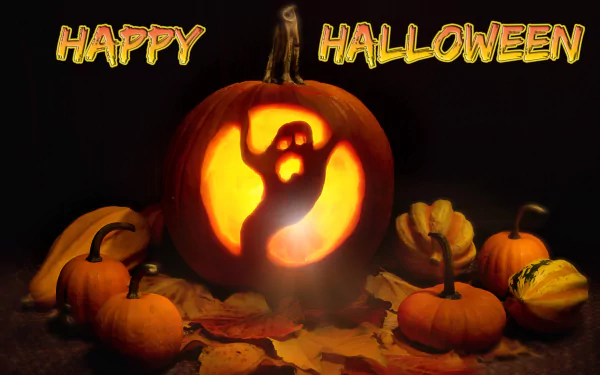 A glowing jack-o'-lantern with a ghost carving surrounded by pumpkins and autumn leaves, with Happy Halloween text, in a 4K Ultra HD Halloween-themed desktop wallpaper.