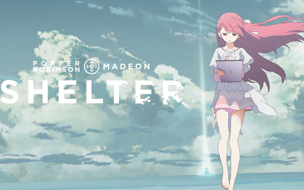 HD desktop wallpaper featuring Rin from the anime Shelter, set against a backdrop of clouds and blue sky. Text reads Porter Robinson & Madeon - Shelter.