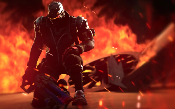 4K Ultra HD PC wallpaper featuring Soldier: 76 from Overwatch, crouching with a glowing visor against a fiery, blazing background.