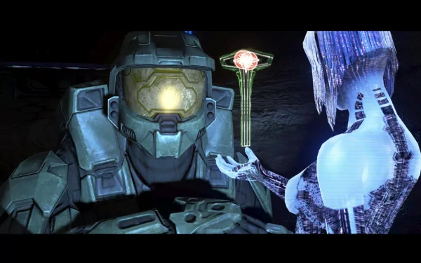 A detailed HD wallpaper from Halo 3, featuring a close-up of a character in armor with a glowing visor, alongside a holographic figure holding a glowing object.