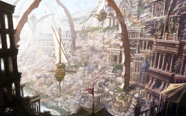 HD anime cityscape wallpaper featuring intricate architecture, airships, and towering structures set against a mountainous backdrop.