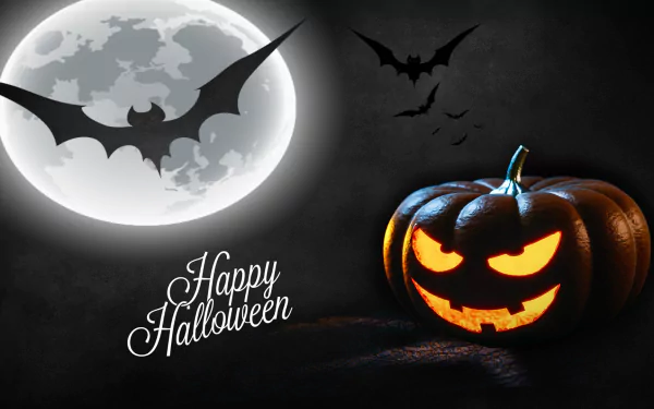 A dark Halloween scene featuring a glowing jack-o'-lantern, bats flying against a full moon, and the text Happy Halloween, creating an eerie festive atmosphere.
