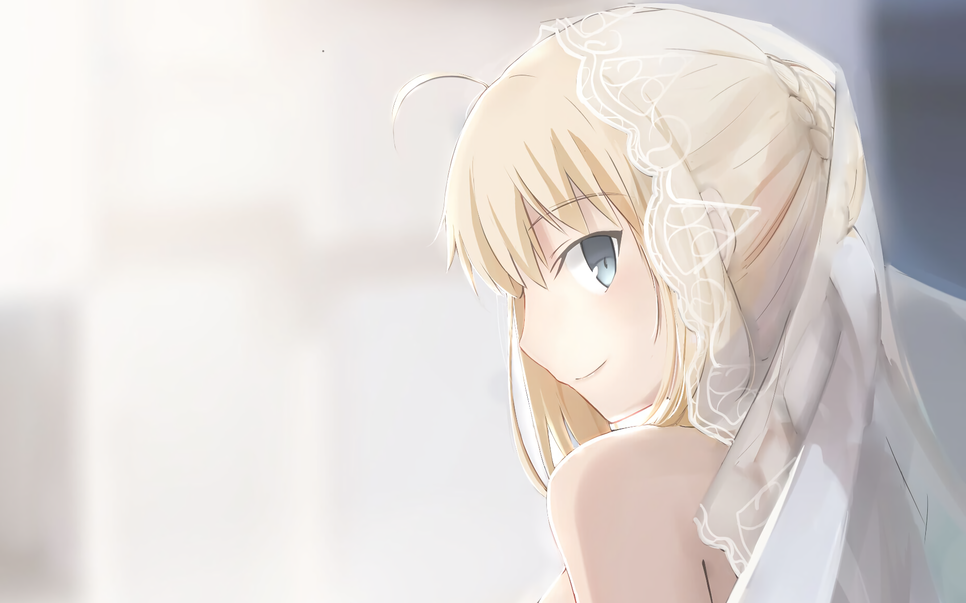 Saber from the Fate Series portrayed in a serene moment, featuring her iconic blonde hair and veil. This HD anime wallpaper captures a delicate and captivating atmosphere.