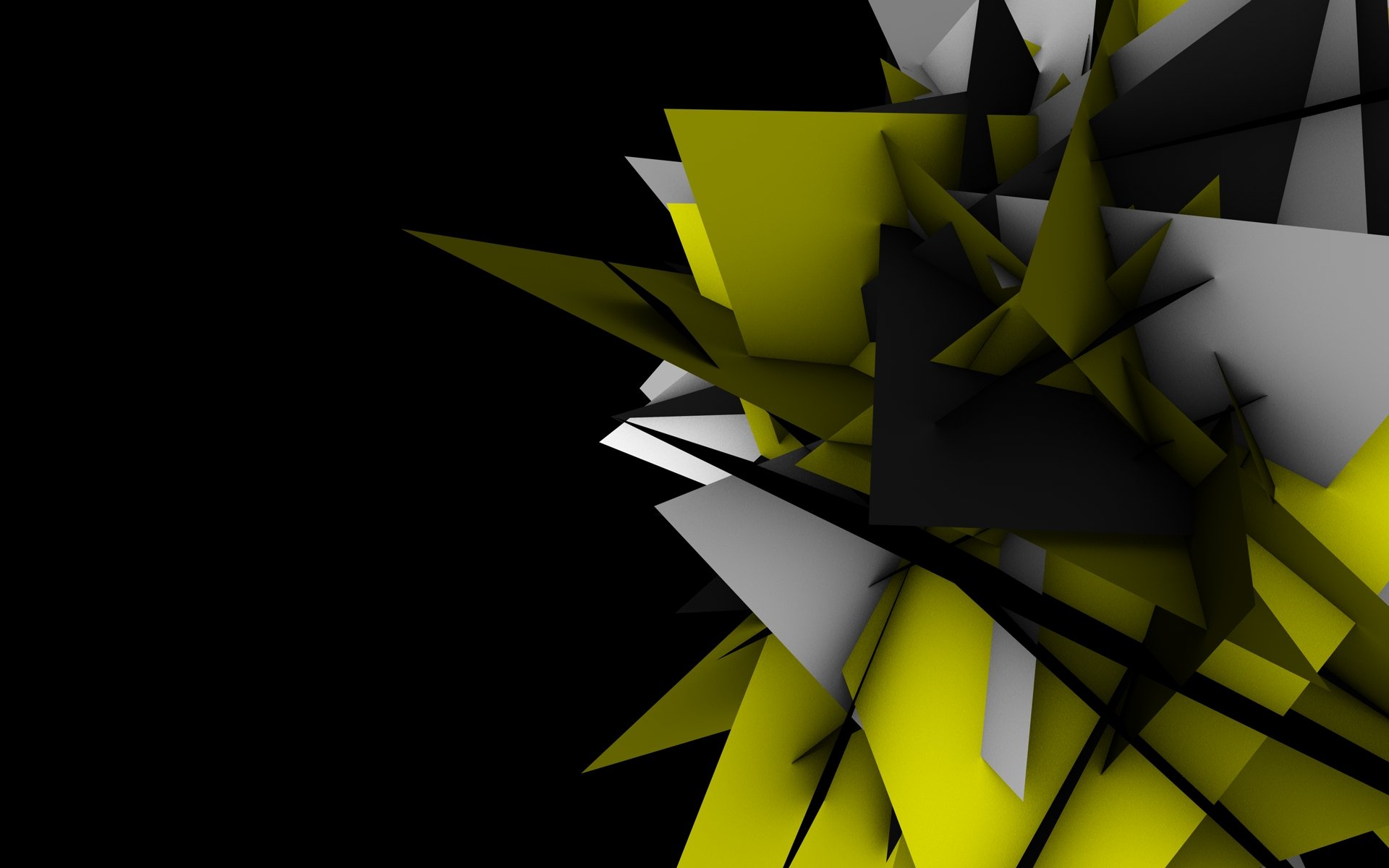 HD PC desktop wallpaper featuring an artistic abstract design with sharp geometric shapes in yellow, gray, and black against a dark background.