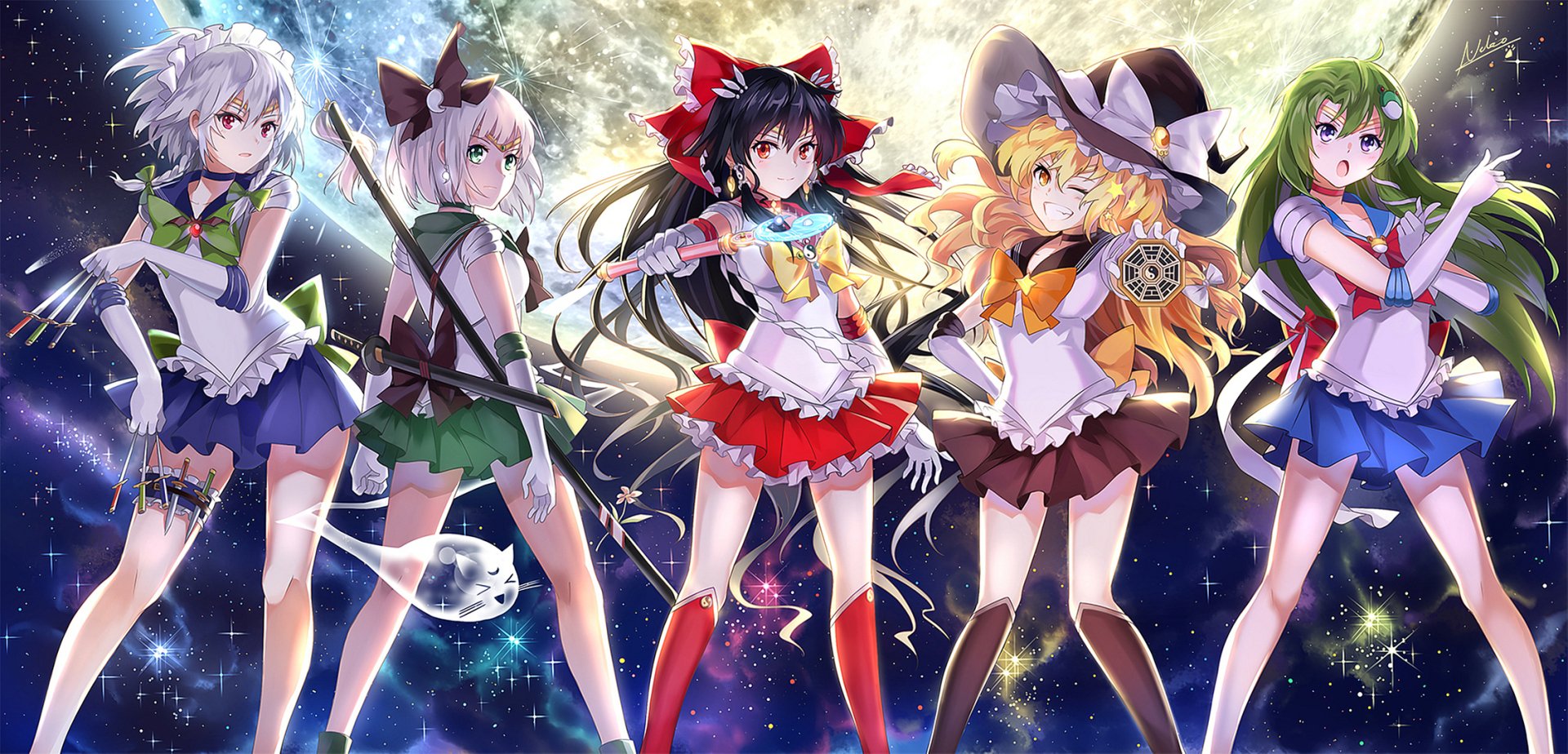 HD PC desktop wallpaper featuring anime crossover characters Youmu Konpaku, Sanae Kochiya, Sakuya Izayoi, Marisa Kirisame, Reimu Hakurei, and Sailor Moon in a starry background.