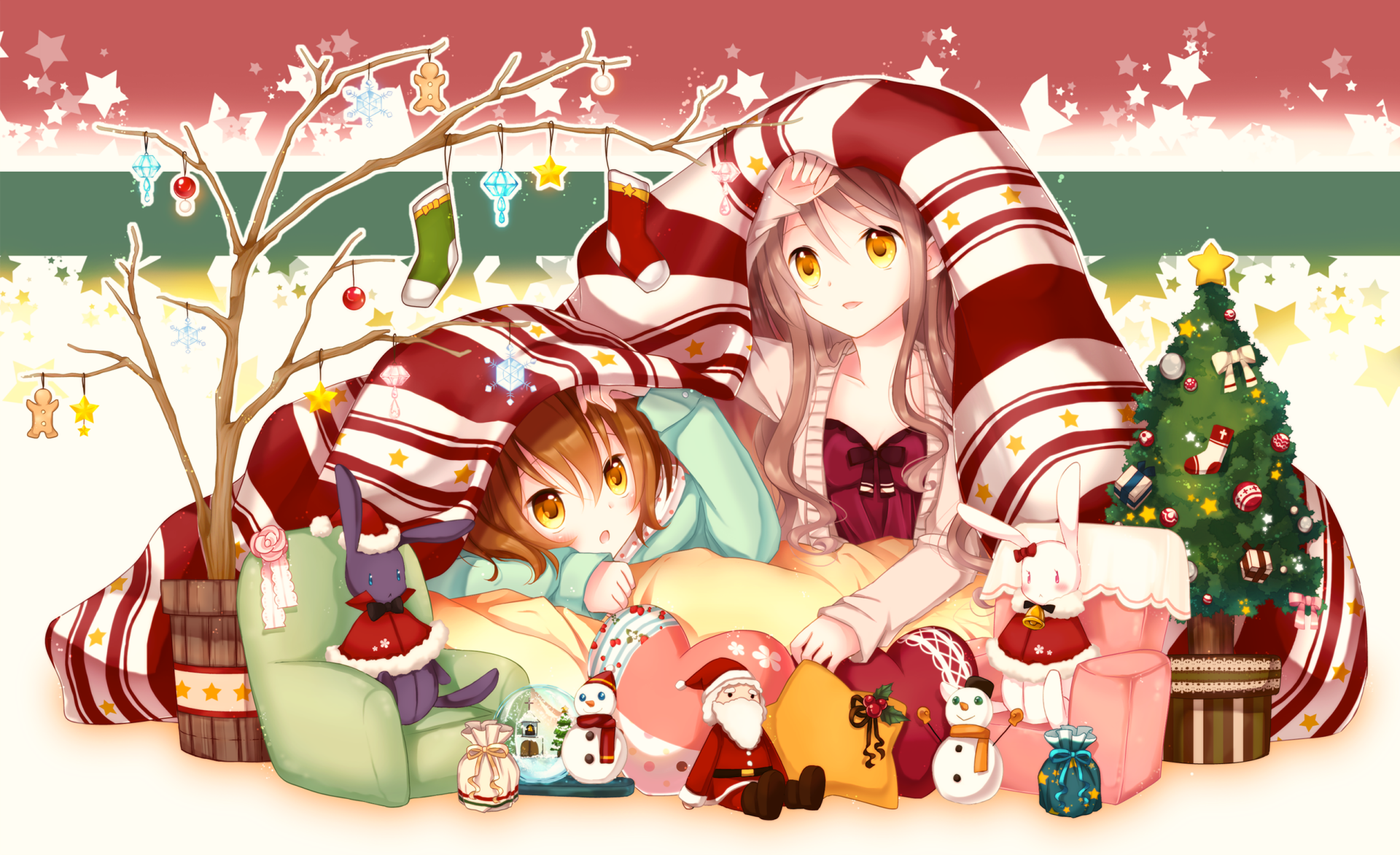 Anime Christmas-themed HD PC desktop wallpaper featuring two characters in festive attire surrounded by holiday decorations and a Christmas tree.