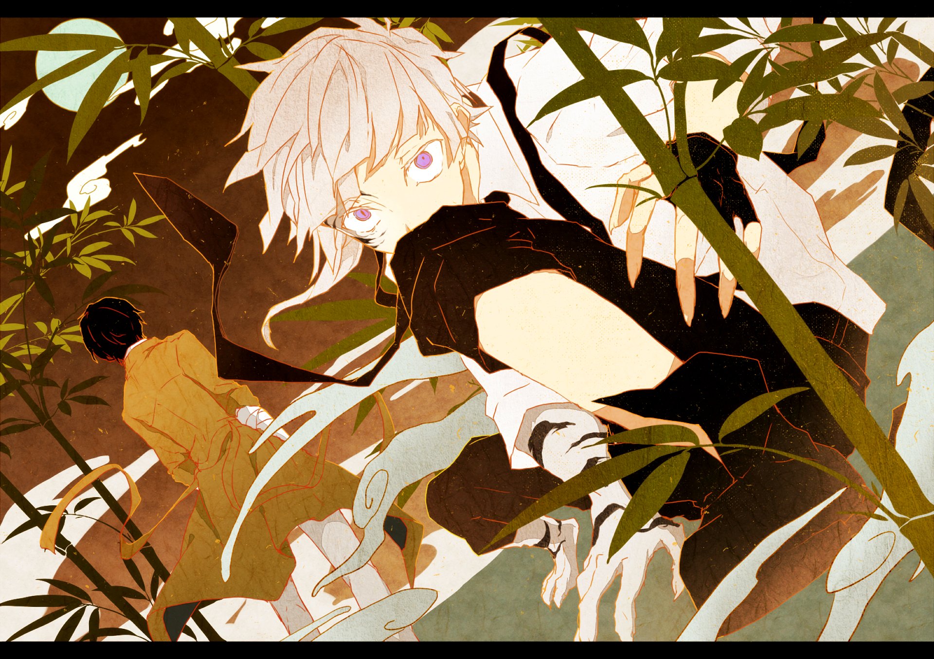 An HD desktop wallpaper featuring characters from the anime Bungou Stray Dogs, showcasing a dynamic scene amidst lush greenery and intriguing expressions.