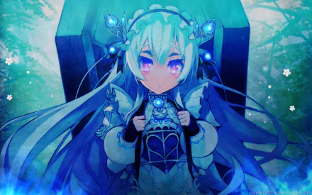 HD PC desktop wallpaper featuring an anime character from Chaika -The Coffin Princess-, with glowing blue eyes and intricate outfit set against a mystical blue-green background.