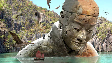 4K Ultra HD PC desktop wallpaper: artistic fantasy scene of a cracked giant stone head statue half-submerged off a lush coast, birds circling and a small sailboat.