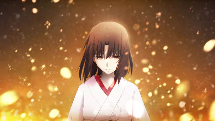 Anime HD PC desktop wallpaper from The Garden of Sinners, featuring a serene character in traditional attire surrounded by glowing embers and warm light.