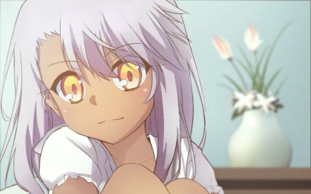Chloe von Einzbern from the Fate/kaleid liner Prisma Illya series features yellow eyes and pink hair, captured in a serene HD wallpaper with a floral background.