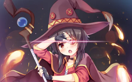 A vibrant HD wallpaper featuring Megumin from KonoSuba, showcasing her black hair and witch hat, with a playful expression and magical sparks in the background.