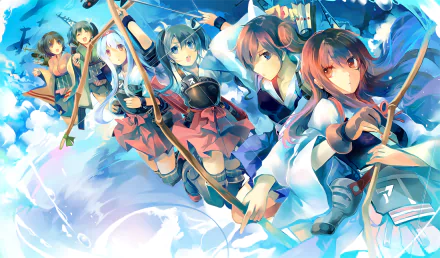 A vibrant HD wallpaper featuring characters Shoukaku, Zuikaku, Kaga, and Akagi from Kantai Collection, showcasing an anime-style scene with dynamic poses and bright colors.