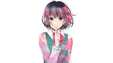Colorful illustration of Hanabi Yasuraoka from the anime Kuzu no Honkai, featuring her with a playful expression and a finger to her lips, designed as a 4K Ultra HD desktop wallpaper.