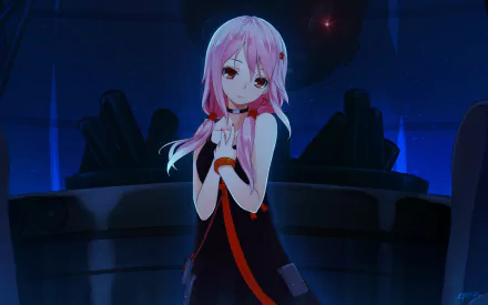 Inori Yuzuriha from the anime Guilty Crown stands gracefully in a dark, futuristic setting, showcasing her striking pink hair and captivating presence in this HD desktop wallpaper.