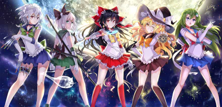 HD PC desktop wallpaper featuring anime crossover characters Youmu Konpaku, Sanae Kochiya, Sakuya Izayoi, Marisa Kirisame, Reimu Hakurei, and Sailor Moon in a starry background.