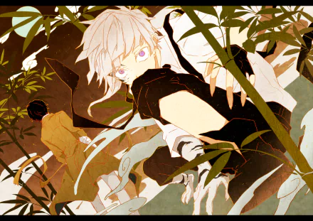 An HD desktop wallpaper featuring characters from the anime Bungou Stray Dogs, showcasing a dynamic scene amidst lush greenery and intriguing expressions.