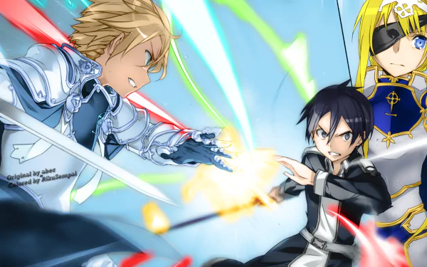 An action-packed HD wallpaper featuring Alice Zuberg, Kirito, and Eugeo from Sword Art Online: Alicization, showcasing an intense battle scene with vibrant energy effects.