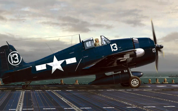 HD desktop wallpaper featuring a detailed military Grumman F6F Hellcat warplane on an aircraft carrier deck under a cloudy sky.