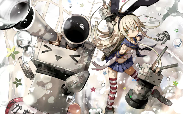 HD desktop wallpaper featuring Shimakaze from Kancolle, showcasing her dynamic pose alongside adorable mecha characters in a vibrant, whimsical setting.