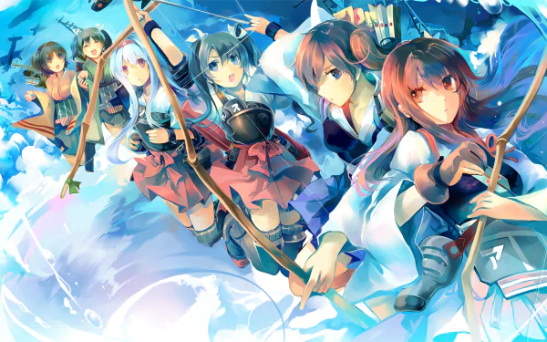 A vibrant HD wallpaper featuring characters Shoukaku, Zuikaku, Kaga, and Akagi from Kantai Collection, showcasing an anime-style scene with dynamic poses and bright colors.