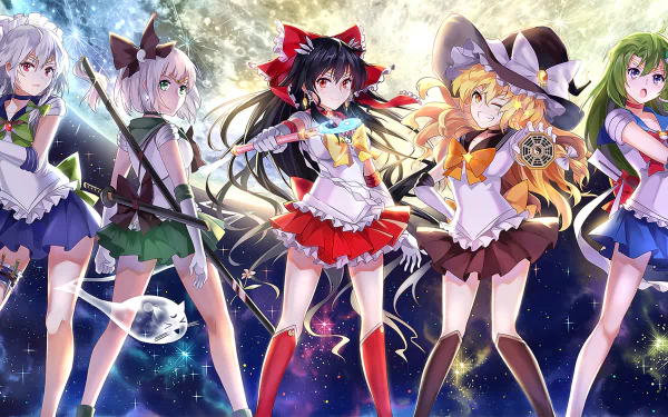 HD PC desktop wallpaper featuring anime crossover characters Youmu Konpaku, Sanae Kochiya, Sakuya Izayoi, Marisa Kirisame, Reimu Hakurei, and Sailor Moon in a starry background.