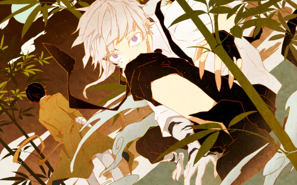 An HD desktop wallpaper featuring characters from the anime Bungou Stray Dogs, showcasing a dynamic scene amidst lush greenery and intriguing expressions.