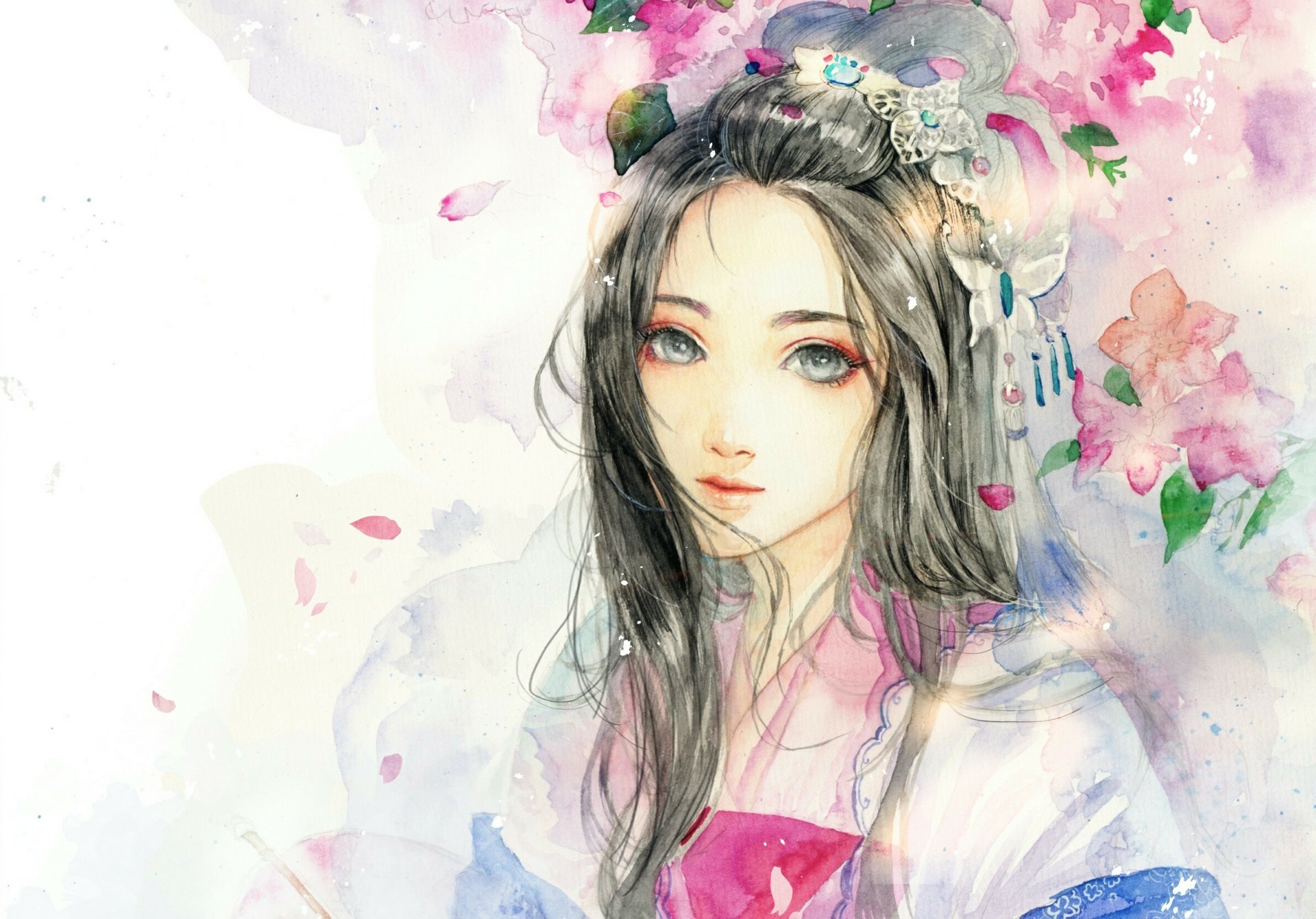 HD artistic painting of a woman with flowing hair surrounded by colorful flowers, blending soft watercolor hues in a delicate and vibrant desktop wallpaper background.