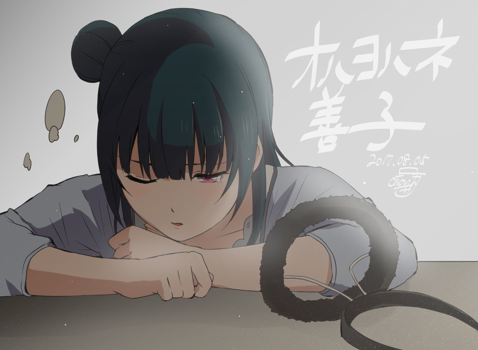 A serene HD wallpaper featuring Yoshiko Tsushima from Love Live! Sunshine!!, showcasing her introspective mood as she rests her head on crossed arms.