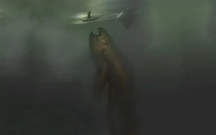 A captivating fantasy scene featuring a sea monster looming beneath the surface, while a small boat navigates the mysterious waters above. A striking HD wallpaper for your desktop.