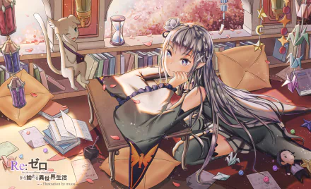 A vibrant HD wallpaper featuring Emilia and Pack from Re:ZERO, set in a cozy room filled with books and magical items, capturing the essence of the anime Re:Zero - Starting Life in Another World.