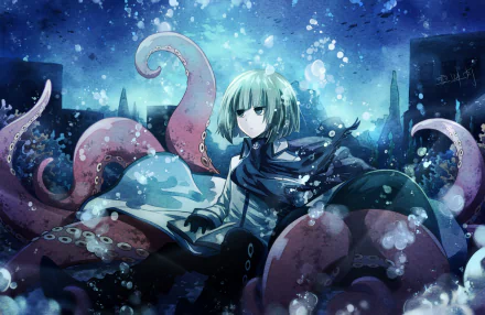 HD PC desktop wallpaper of Fukami (Wadanohara): anime image of a green‑haired girl amid a glowing underwater city, surrounded by massive pink octopus tentacles.