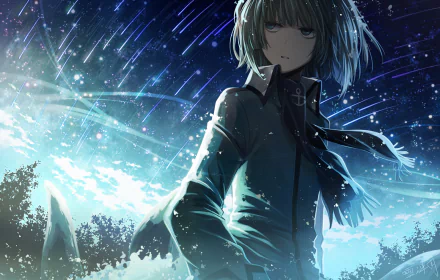 HD PC wallpaper of Wadanohara from the video game Wadanohara and the Great Blue Sea — teal-haired girl in a dark coat and scarf before a glowing, stormy sea and streaked starry sky.