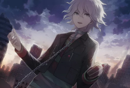 A high-definition wallpaper featuring Nagito Komaeda from the video game Danganronpa Another Episode: Ultra Despair Girls, set against a city skyline under a dramatic sky.