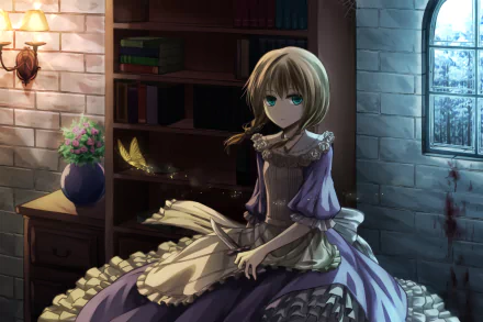 HD anime desktop wallpaper from The Witch's House featuring a girl in a detailed dress sitting in a dimly lit room with a window and bookshelf in the background.