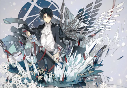 HD desktop wallpaper with Levi Ackerman from Attack on Titan in an intricate, anime-style setting featuring wings and crystal-like structures.