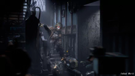 A dark, atmospheric scene from Fallout: New Vegas, featuring a character in tactical gear navigating a dimly lit, abandoned space, showcasing the game's gritty post-apocalyptic aesthetic.