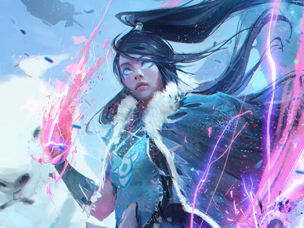 Korra from The Legend of Korra, featuring her long black hair and blue eyes, channels energy with vibrant pink and blue effects in this stunning HD anime wallpaper.